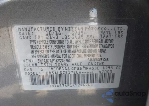 2019 Nissan Sentra Sv from USA, damaged, VIN 3N1AB7AP1KY246764